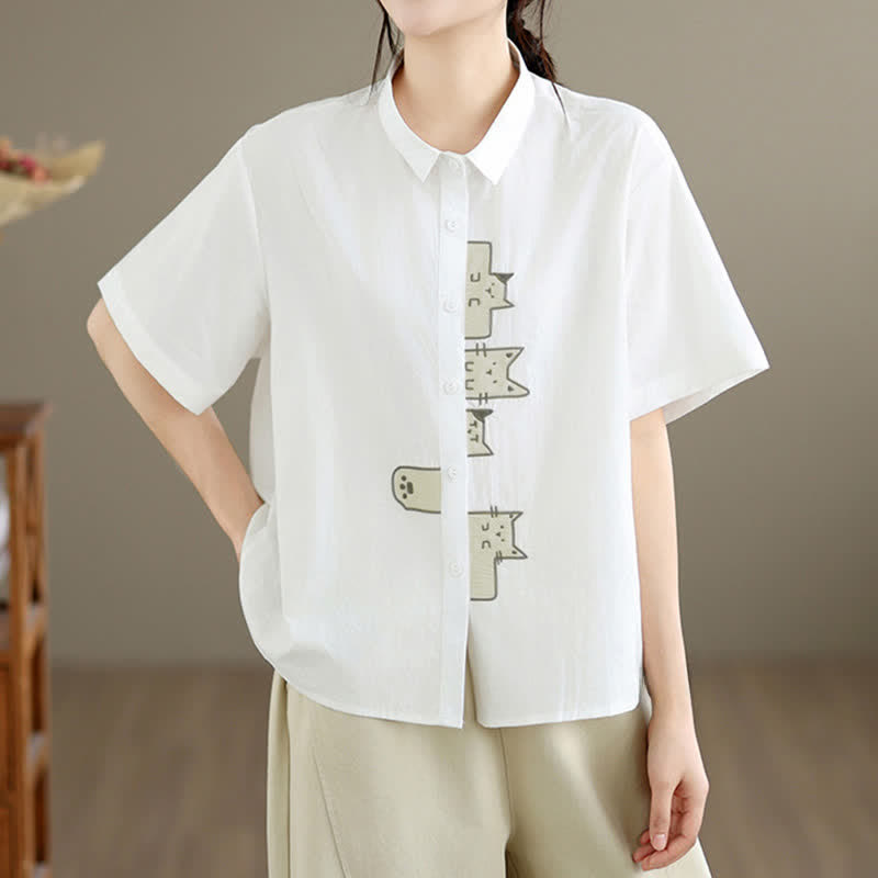 Buddha Stones Summer Casual Minimalist Button-Up Cat Embroidery Women's Short Sleeve Shirts - White - US8-10, UK/AU12-14, EU40-42 (2XL) - image 21