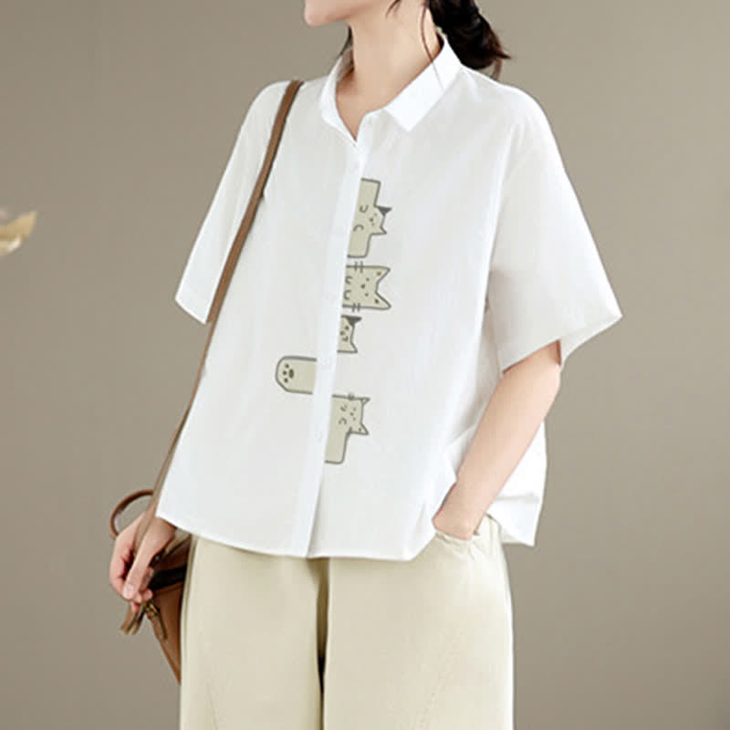 Buddha Stones Summer Casual Minimalist Button-Up Cat Embroidery Women's Short Sleeve Shirts - image 26
