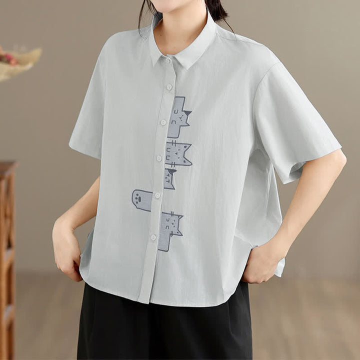 Buddha Stones Summer Casual Minimalist Button-Up Cat Embroidery Women's Short Sleeve Shirts - image 18