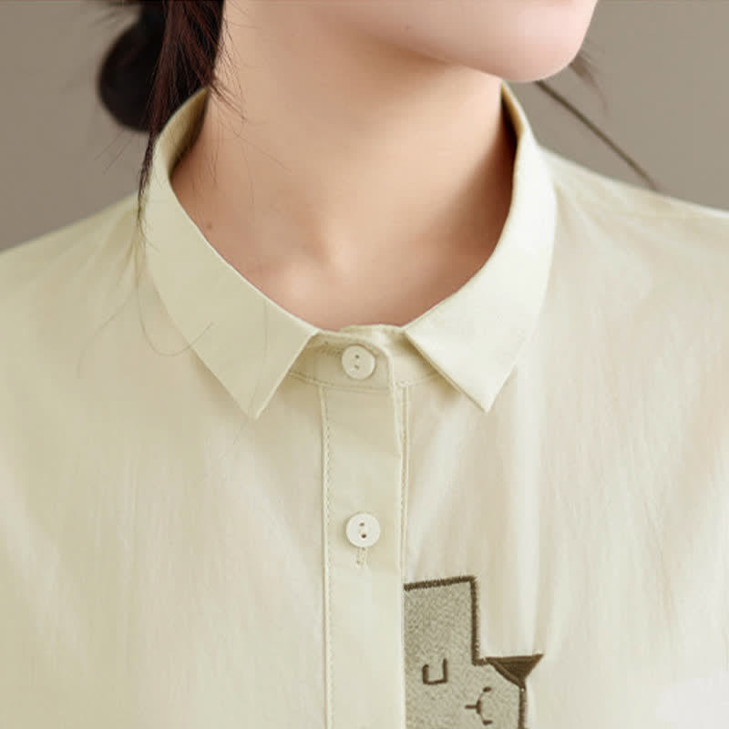 Buddha Stones Summer Casual Minimalist Button-Up Cat Embroidery Women's Short Sleeve Shirts - image 13