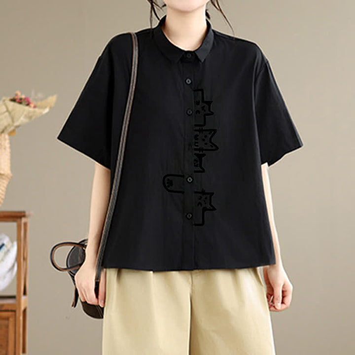 Buddha Stones Summer Casual Minimalist Button-Up Cat Embroidery Women's Short Sleeve Shirts - image 1