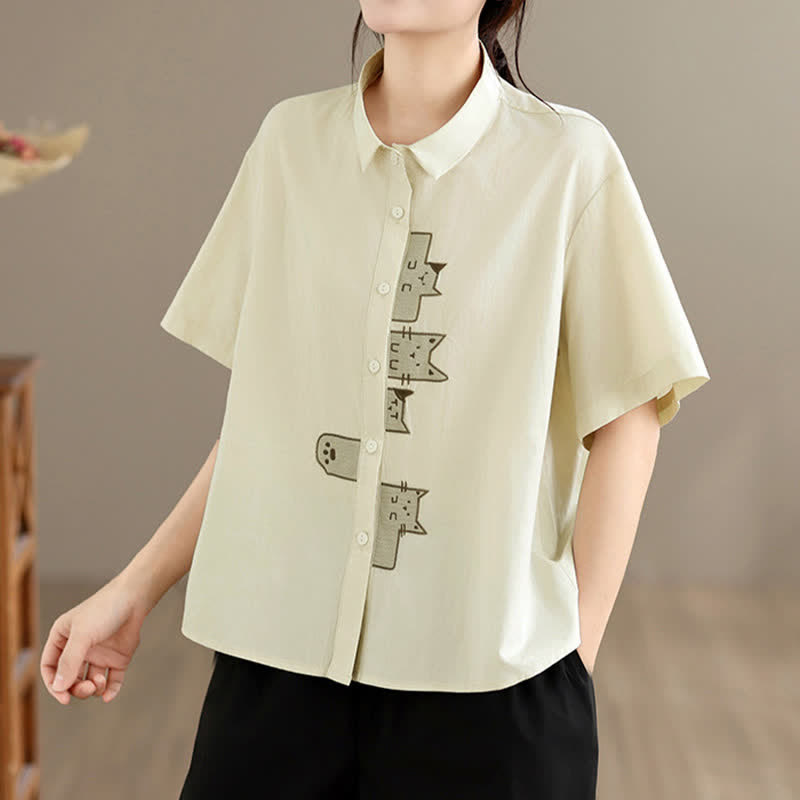 Buddha Stones Summer Casual Minimalist Button-Up Cat Embroidery Women's Short Sleeve Shirts - image 9