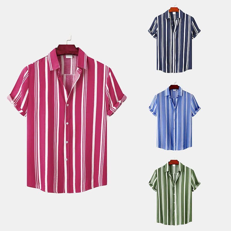 Buddha Stones Summer Casual Classic Button-Up Vertical Striped Men's Short Sleeve Shirts - image 28