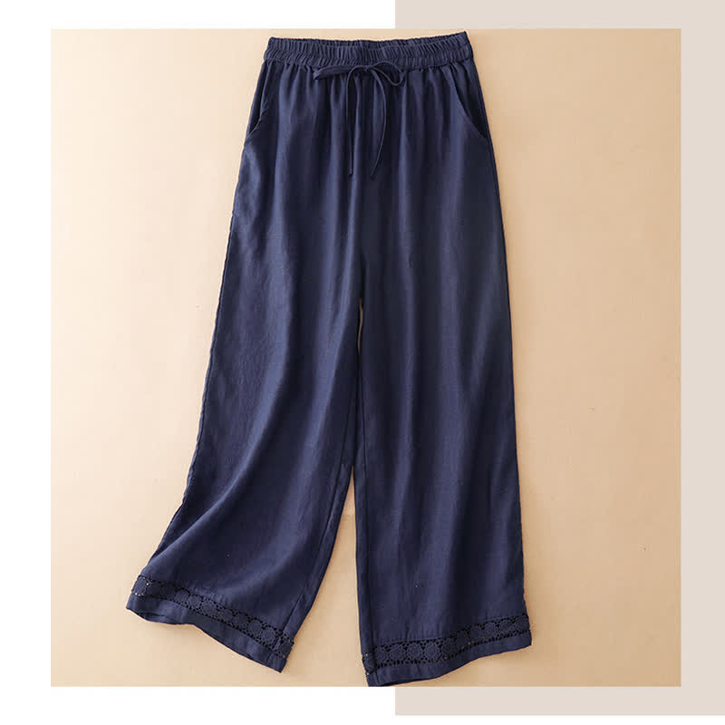 Buddha Stones Summer Casual Minimalist Drawstring Solid Flower Hem Cropped Pants Women's Straight Leg Pants With Pocket - Navy - US8-10, UK/AU12-14, EU40-42 (2XL) - image 5