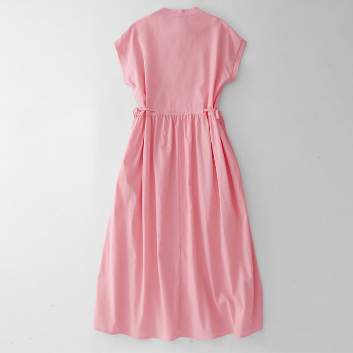 Buddha Stones Summer Casual Minimalist Button Lace-up Solid Women's Summer Sleeveless Dress With Pocket - image 8