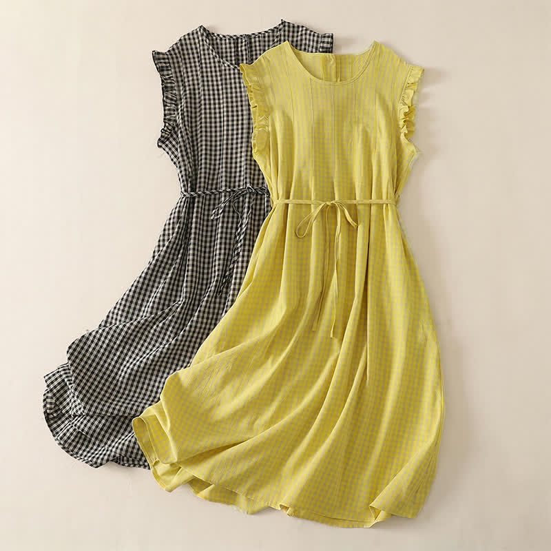 Buddha Stones Summer Vintage Casual Drawstring Plaid Cotton Linen Women's Summer Sleeveless Dress With Pocket - image 16