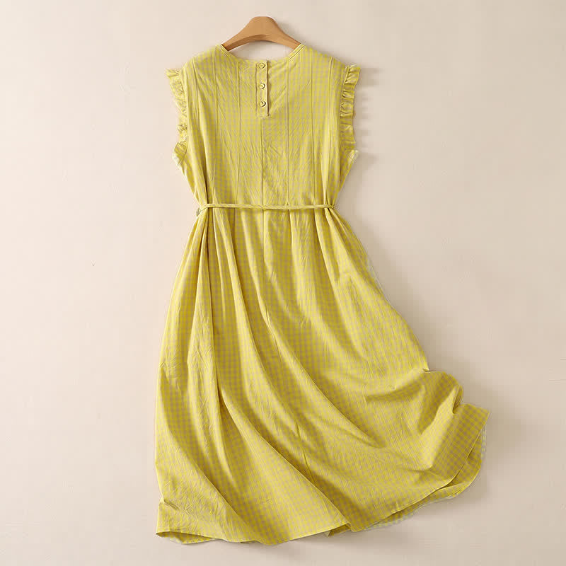 Buddha Stones Summer Vintage Casual Drawstring Plaid Cotton Linen Women's Summer Sleeveless Dress With Pocket - image 6