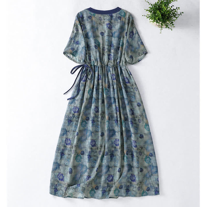 Buddha Stones Summer Vintage Drawstring Floral V-Neck Women's Short Sleeve Dress With Pocket - image 1