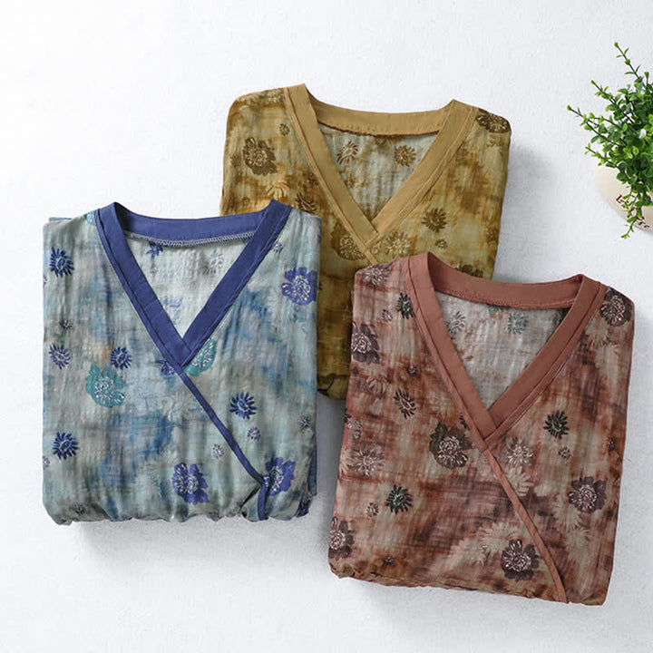 Buddha Stones Summer Vintage Drawstring Floral V-Neck Women's Short Sleeve Dress With Pocket - image 28