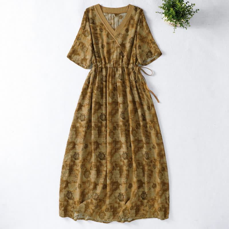 Buddha Stones Summer Vintage Drawstring Floral V-Neck Women's Short Sleeve Dress With Pocket - DarkGoldenrod - US12, UK/AU16, EU44 (2XL) - image 17