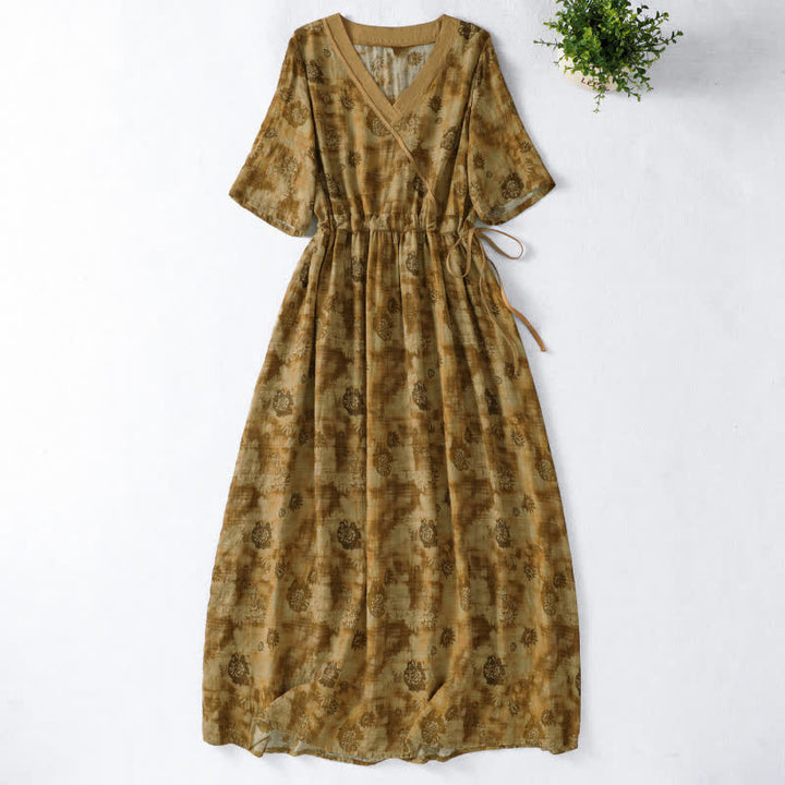 Buddha Stones Summer Vintage Drawstring Floral V-Neck Women's Short Sleeve Dress With Pocket - DarkGoldenrod - US12, UK/AU16, EU44 (2XL) - image 17