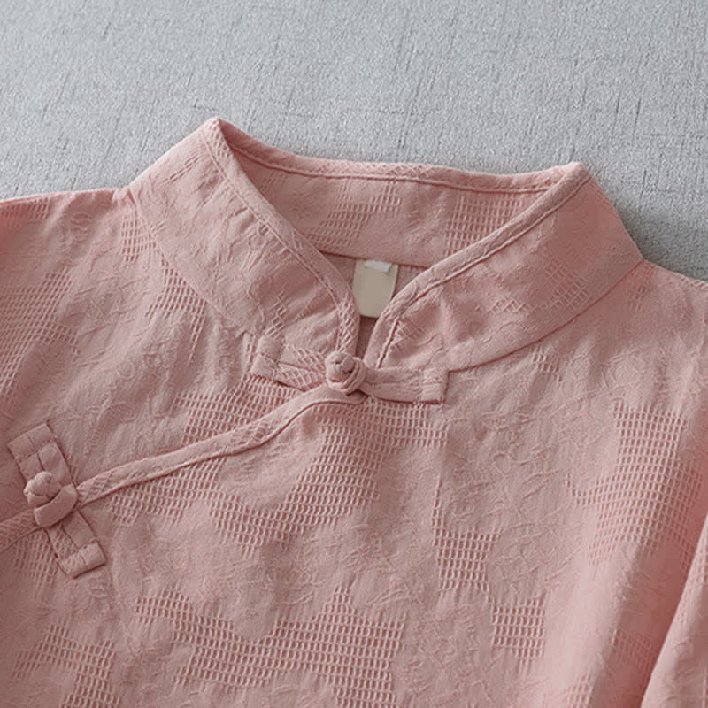 Buddha Stones Summer Tang Style Casual Mandarin Collar Solid Women's Elbow-Length Sleeve Shirts - image 5
