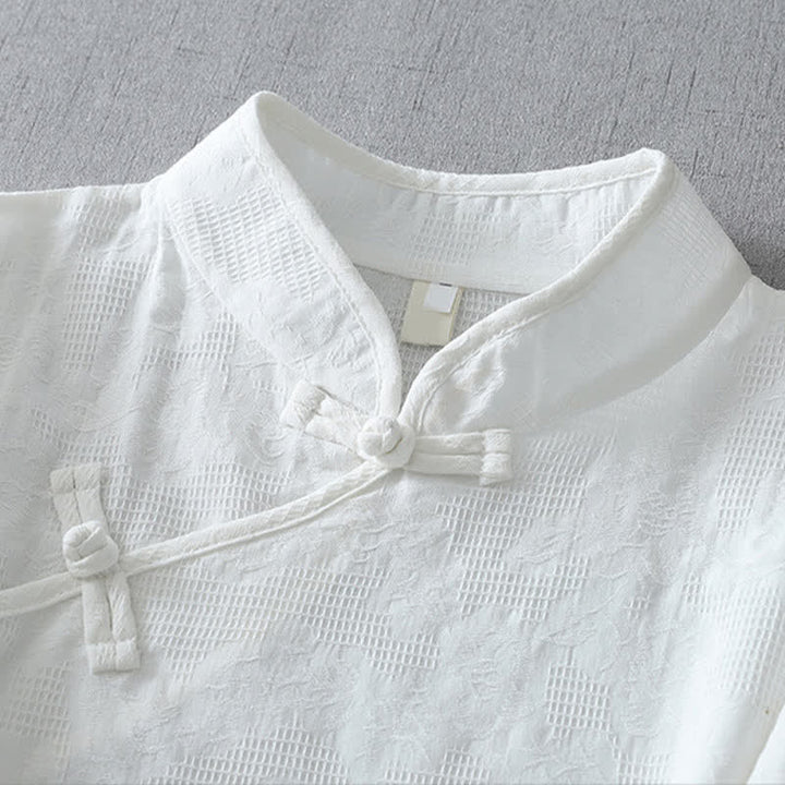 Buddha Stones Summer Tang Style Casual Mandarin Collar Solid Women's Elbow-Length Sleeve Shirts - image 9
