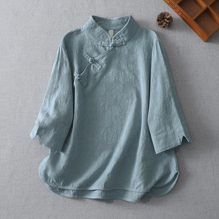Buddha Stones Summer Tang Style Casual Mandarin Collar Solid Women's Elbow-Length Sleeve Shirts - LightSteelBlue - US12, UK/AU16, EU44 (3XL) - image 0
