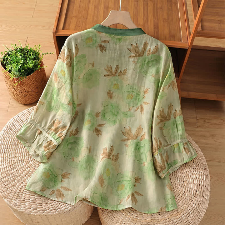 Buddha Stones Summer Vintage Tang Style Mandarin Collar Floral Leaves Women's Short Sleeve Shirts - image 8