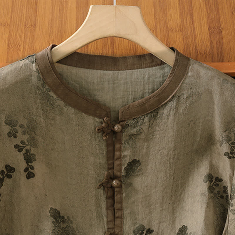 Buddha Stones Summer Vintage Tang Style Mandarin Collar Floral Leaves Women's Short Sleeve Shirts - image 2