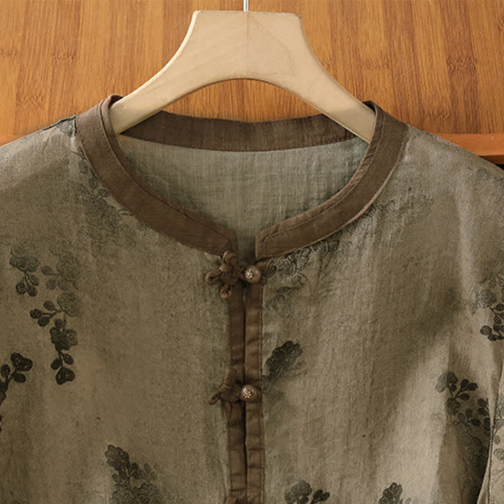 Buddha Stones Summer Vintage Tang Style Mandarin Collar Floral Leaves Women's Short Sleeve Shirts - image 2