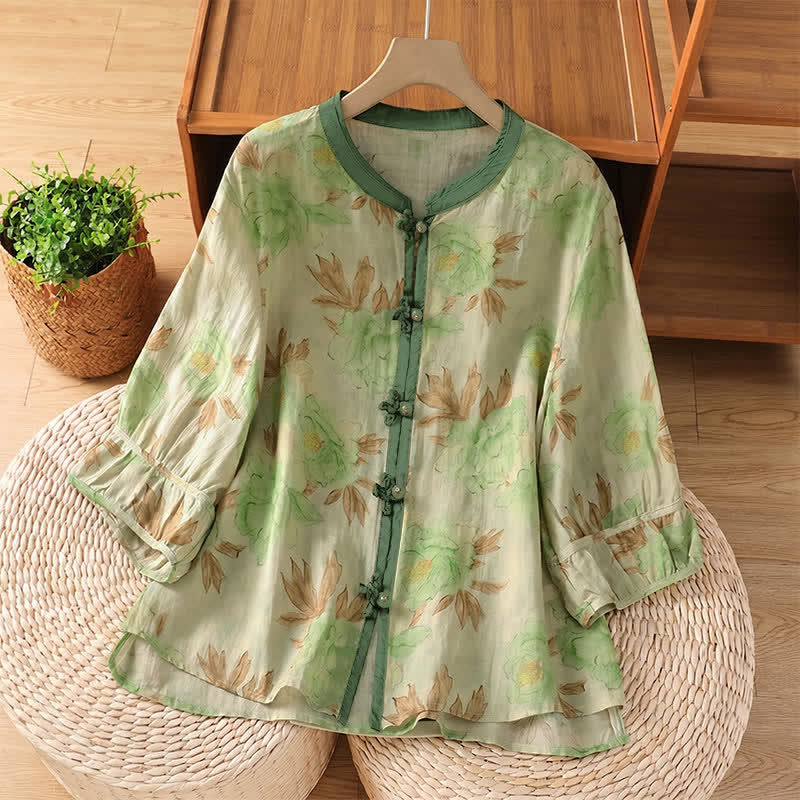 Buddha Stones Summer Vintage Tang Style Mandarin Collar Floral Leaves Women's Short Sleeve Shirts - DarkSeaGreen - US8-10, UK/AU12-14, EU40-42 (2XL) - image 7