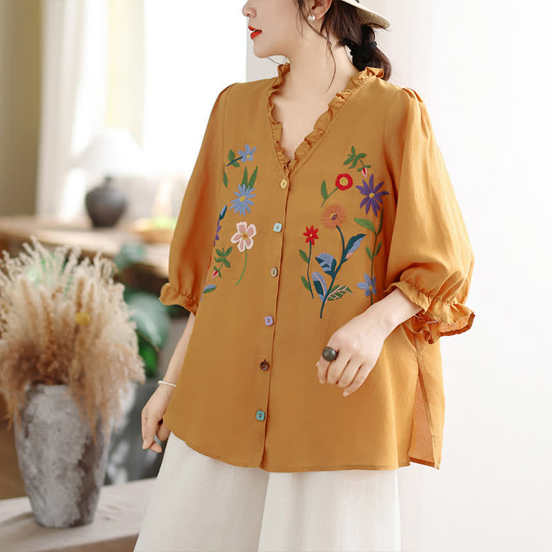 Buddha Stones Summer Casual Vintage Embroidery Colorful Floral Ruffled V-Neck Women's Three-Quarter Sleeve Shirts - image 1