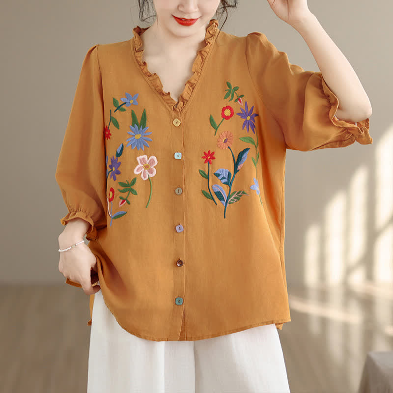 Buddha Stones Summer Casual Vintage Embroidery Colorful Floral Ruffled V-Neck Women's Three-Quarter Sleeve Shirts - DarkGoldenrod - US8-10, UK/AU12-14, EU40-42 (2XL) - image 0