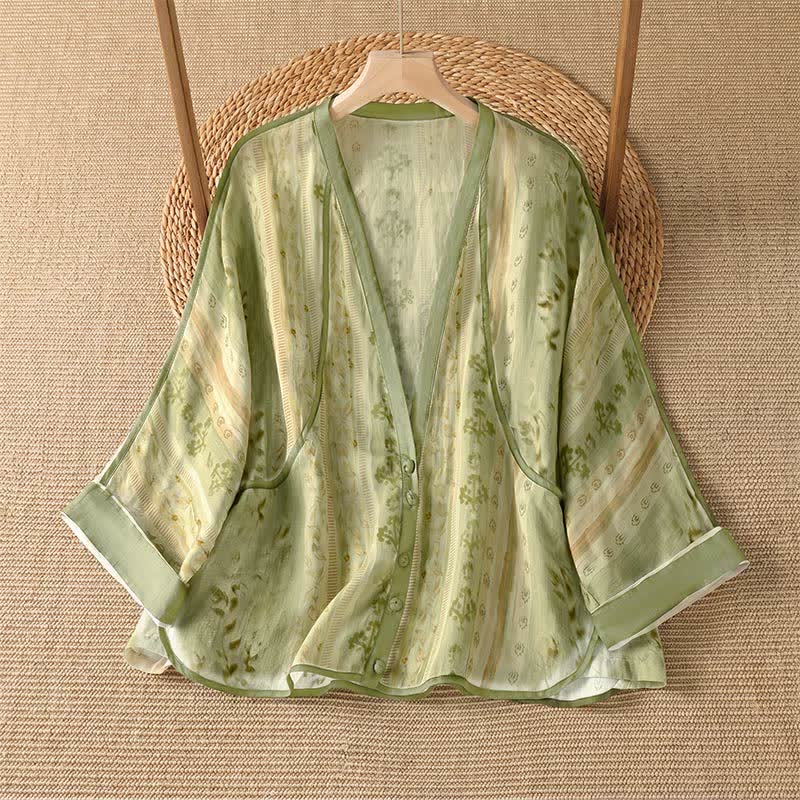 Buddha Stones Summer Casual Vintage Button-Up Floral Women's Long Sleeve Shirts With Pocket - YellowGreen - US14, UK/AU18, EU46 (2XL) - image 6