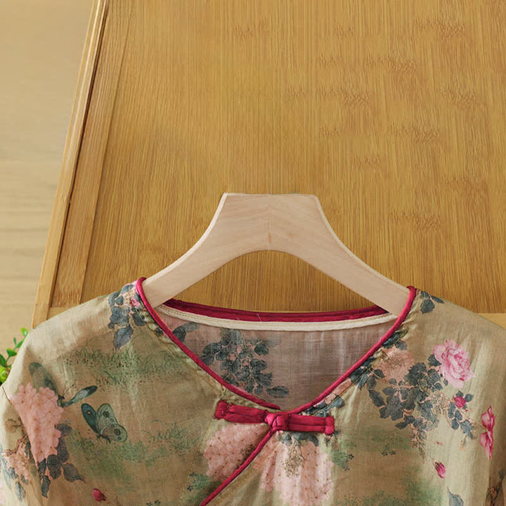Buddha Stones Summer Tang Style Vintage Mandarin Collar Pink Rose Floral Women's Elbow-Length Sleeve Shirts - image 4