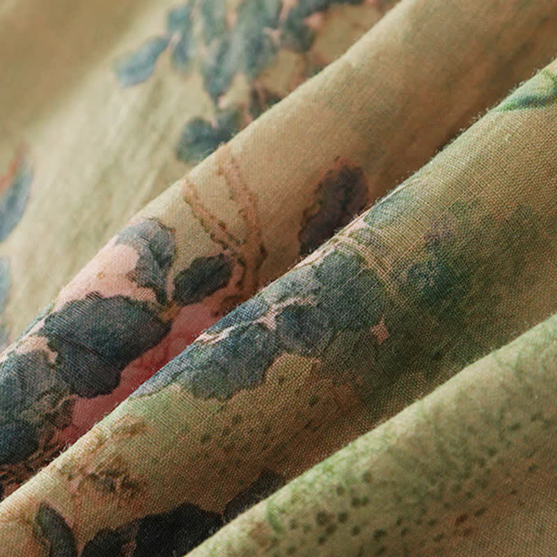 Buddha Stones Summer Tang Style Vintage Mandarin Collar Pink Rose Floral Women's Elbow-Length Sleeve Shirts - image 12