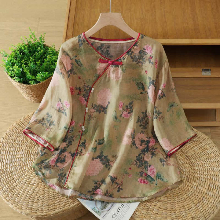 Buddha Stones Summer Tang Style Vintage Mandarin Collar Pink Rose Floral Women's Elbow-Length Sleeve Shirts - image 1