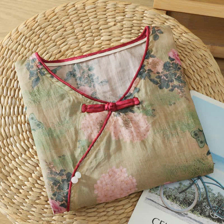 Buddha Stones Summer Tang Style Vintage Mandarin Collar Pink Rose Floral Women's Elbow-Length Sleeve Shirts - image 3
