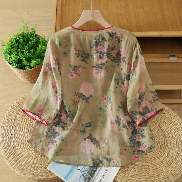 Buddha Stones Summer Tang Style Vintage Mandarin Collar Pink Rose Floral Women's Elbow-Length Sleeve Shirts - image 2
