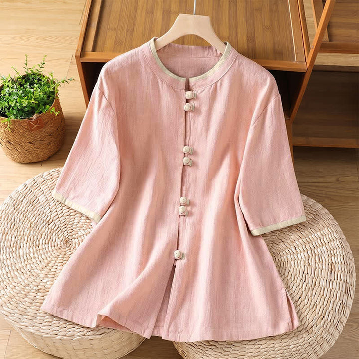Buddha Stones Summer Tang Style Vintage Frog Button Crew Neck Contrast Women's Short Sleeve Shirts - LightPink - US8-10, UK/AU12-14, EU40-42 (2XL) - image 7