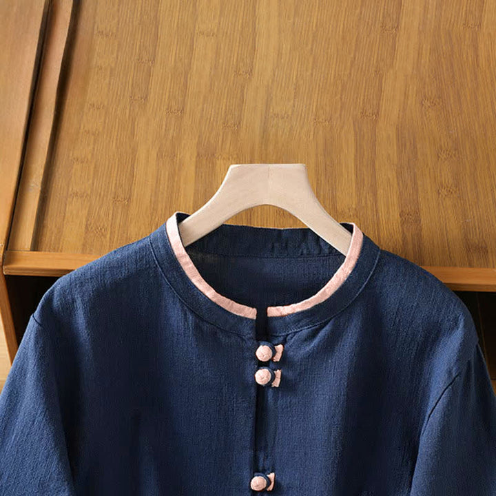 Buddha Stones Summer Tang Style Vintage Frog Button Crew Neck Contrast Women's Short Sleeve Shirts - image 2