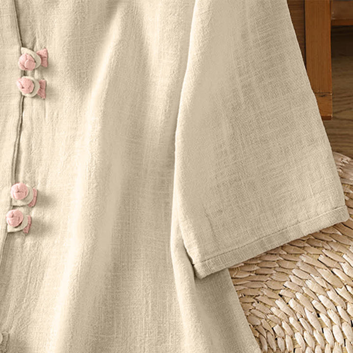 Buddha Stones Summer Tang Style Vintage Frog Button Crew Neck Contrast Women's Short Sleeve Shirts - image 20