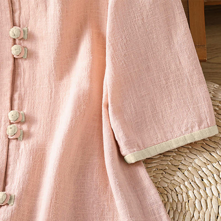 Buddha Stones Summer Tang Style Vintage Frog Button Crew Neck Contrast Women's Short Sleeve Shirts - image 12