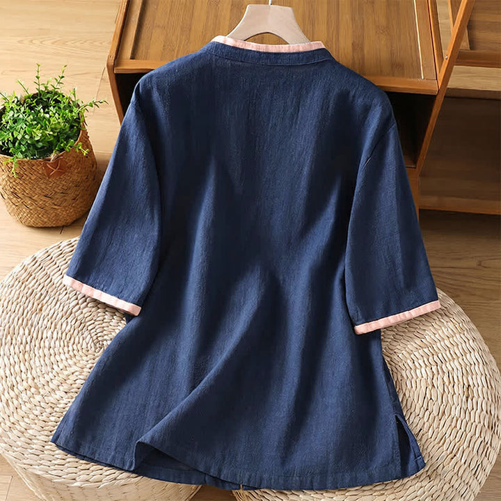 Buddha Stones Summer Tang Style Vintage Frog Button Crew Neck Contrast Women's Short Sleeve Shirts - image 1