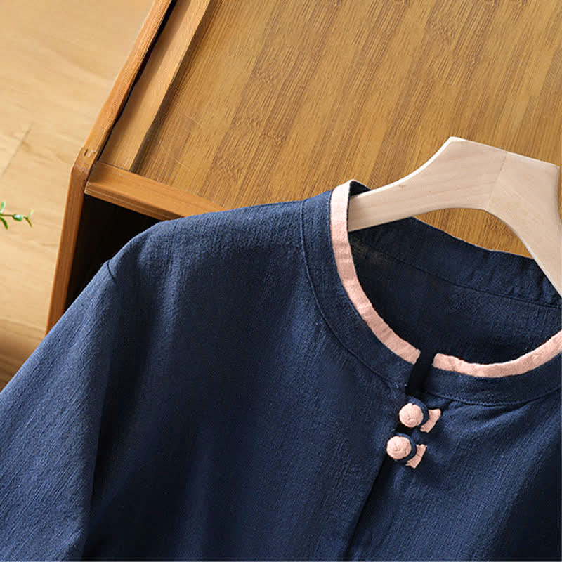 Buddha Stones Summer Tang Style Vintage Frog Button Crew Neck Contrast Women's Short Sleeve Shirts - image 4