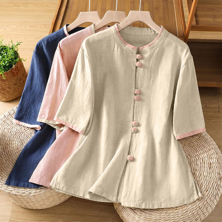 Buddha Stones Summer Tang Style Vintage Frog Button Crew Neck Contrast Women's Short Sleeve Shirts - image 23