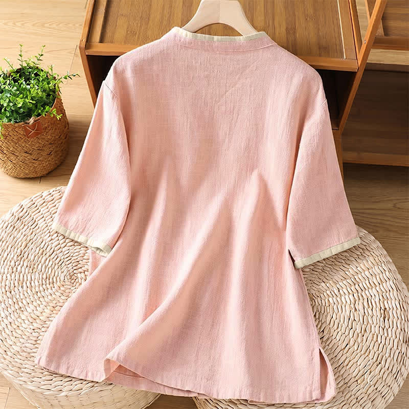 Buddha Stones Summer Tang Style Vintage Frog Button Crew Neck Contrast Women's Short Sleeve Shirts - image 8