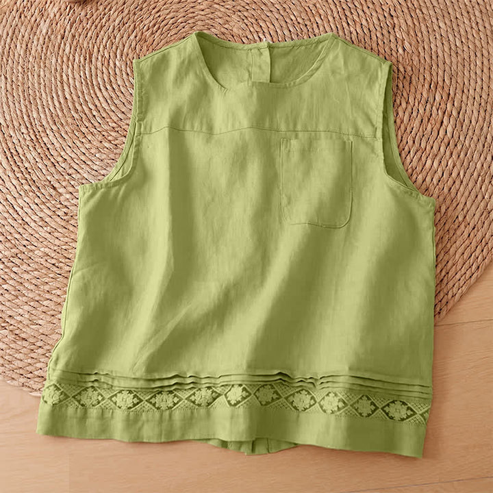 Buddha Stones Summer Casual Vintage Geometric Tank Top Hollow Hem Back Buttons Women's Sleeveless Shirts With Patch Pocket - image 16