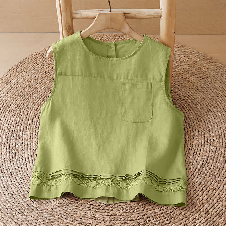 Buddha Stones Summer Casual Vintage Geometric Tank Top Hollow Hem Back Buttons Women's Sleeveless Shirts With Patch Pocket - YellowGreen Shirt - US8-10, UK/AU12-14, EU40-42 (2XL) - image 15