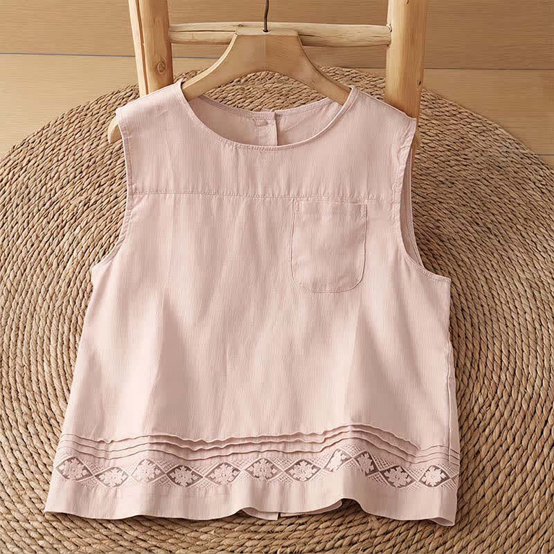 Buddha Stones Summer Casual Vintage Geometric Tank Top Hollow Hem Back Buttons Women's Sleeveless Shirts With Patch Pocket - LightPink Shirt - US8-10, UK/AU12-14, EU40-42 (2XL) - image 0