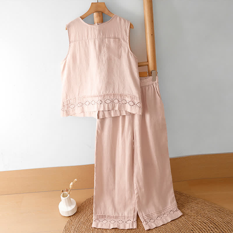 Buddha Stones Summer Casual Vintage Geometric Tank Top Hollow Hem Back Buttons Women's Sleeveless Shirts With Patch Pocket - image 14