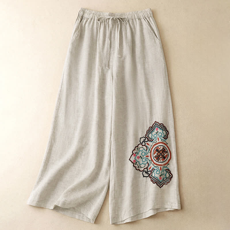 Buddha Stones Summer Casual Embroidery Floral Capri Pants Women's Wide Leg Pants With Pocket - Linen - US8-10, UK/AU12-14, EU40-42 (2XL) - image 0