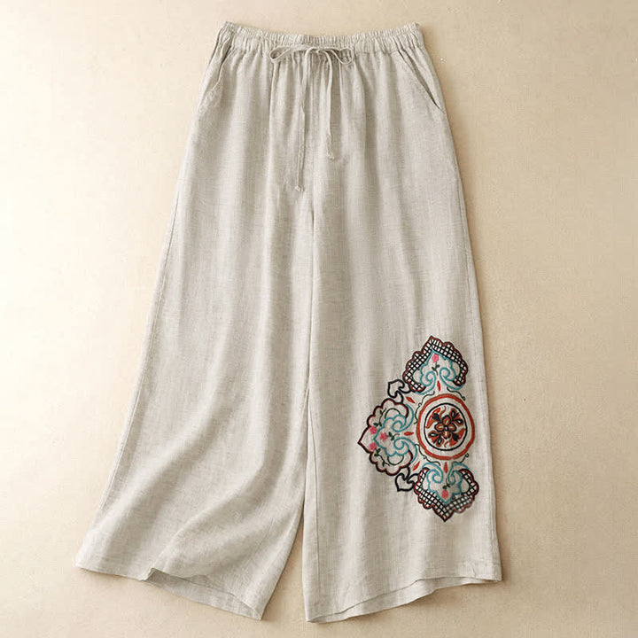 Buddha Stones Summer Casual Embroidery Floral Capri Pants Women's Wide Leg Pants With Pocket - Linen - US8-10, UK/AU12-14, EU40-42 (2XL) - image 0