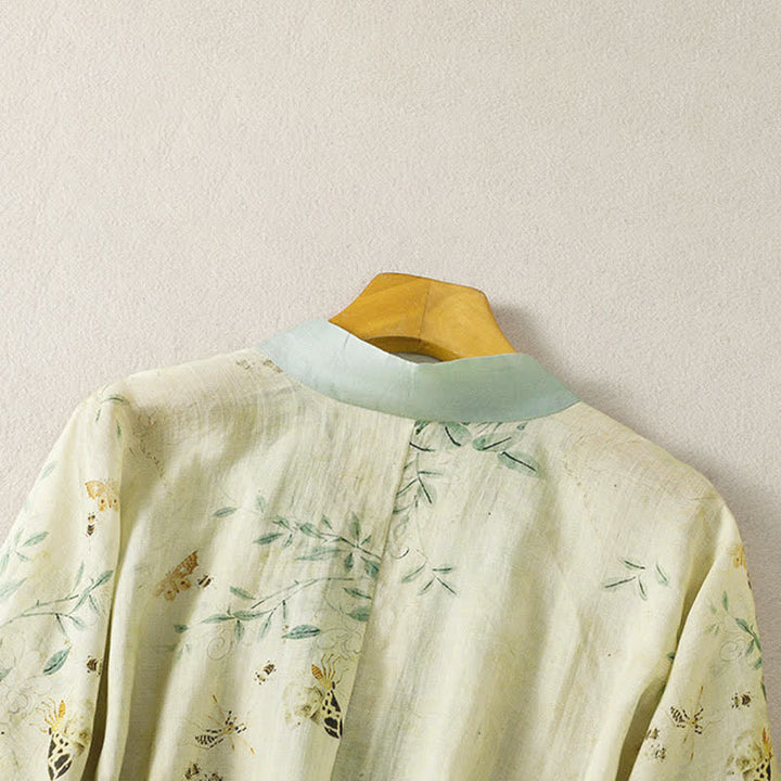 Buddha Stones Summer Casual Vintage Drawstring V-Neck Floral Contrast Trim Three-Quarter Sleeve Women's Kimono - image 4