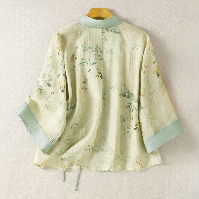 Buddha Stones Summer Casual Vintage Drawstring V-Neck Floral Contrast Trim Three-Quarter Sleeve Women's Kimono - image 1