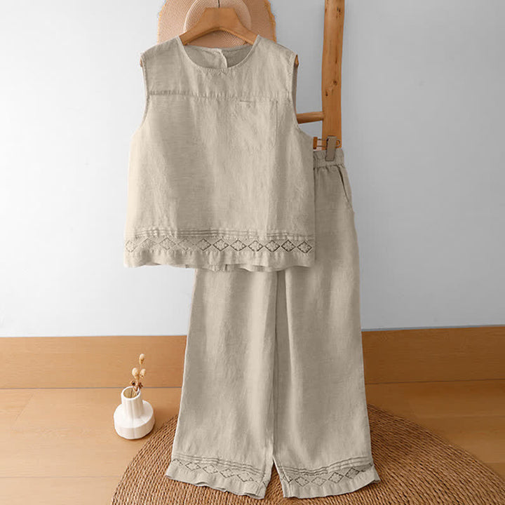 Buddha Stones Summer Casual Minimalist Geometric Hollow Hem Ankle Pants Women's Wide Leg Pants With Pockets - image 46