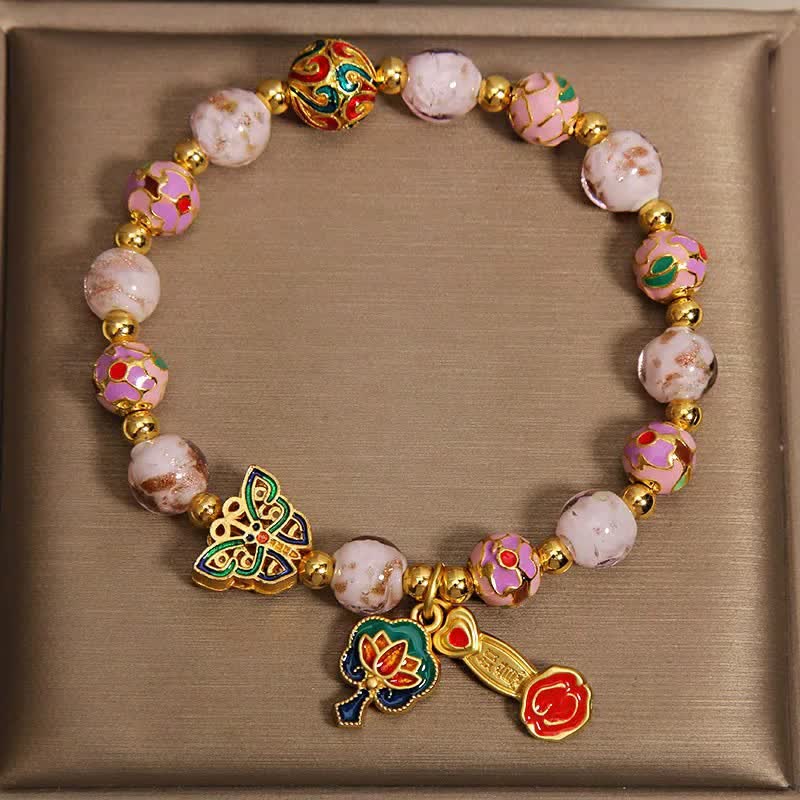 Buddha Stones Pink Liuli Butterfly Lotus Ruyi Handle Transformation Charm Bracelet - image 1