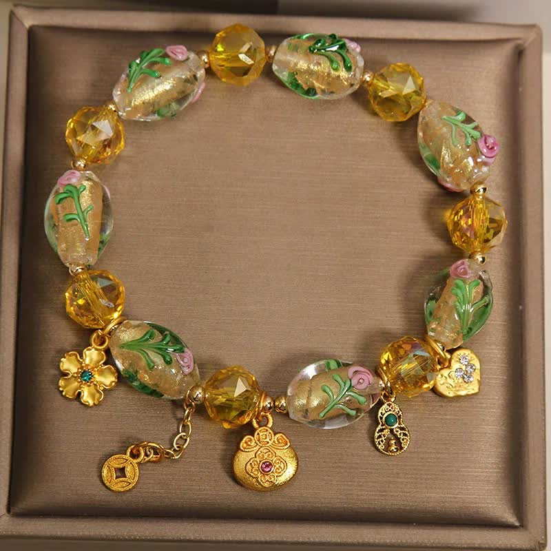 Buddha Stones Yellow Liuli Faceted Money Bag Copper Coin Gourd Abundance Charm Chinese Style Bracelet - image 1