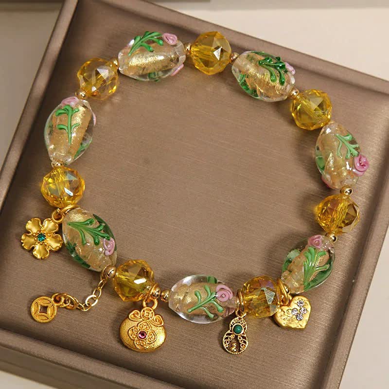 Buddha Stones Yellow Liuli Faceted Money Bag Copper Coin Gourd Abundance Charm Chinese Style Bracelet - image 2